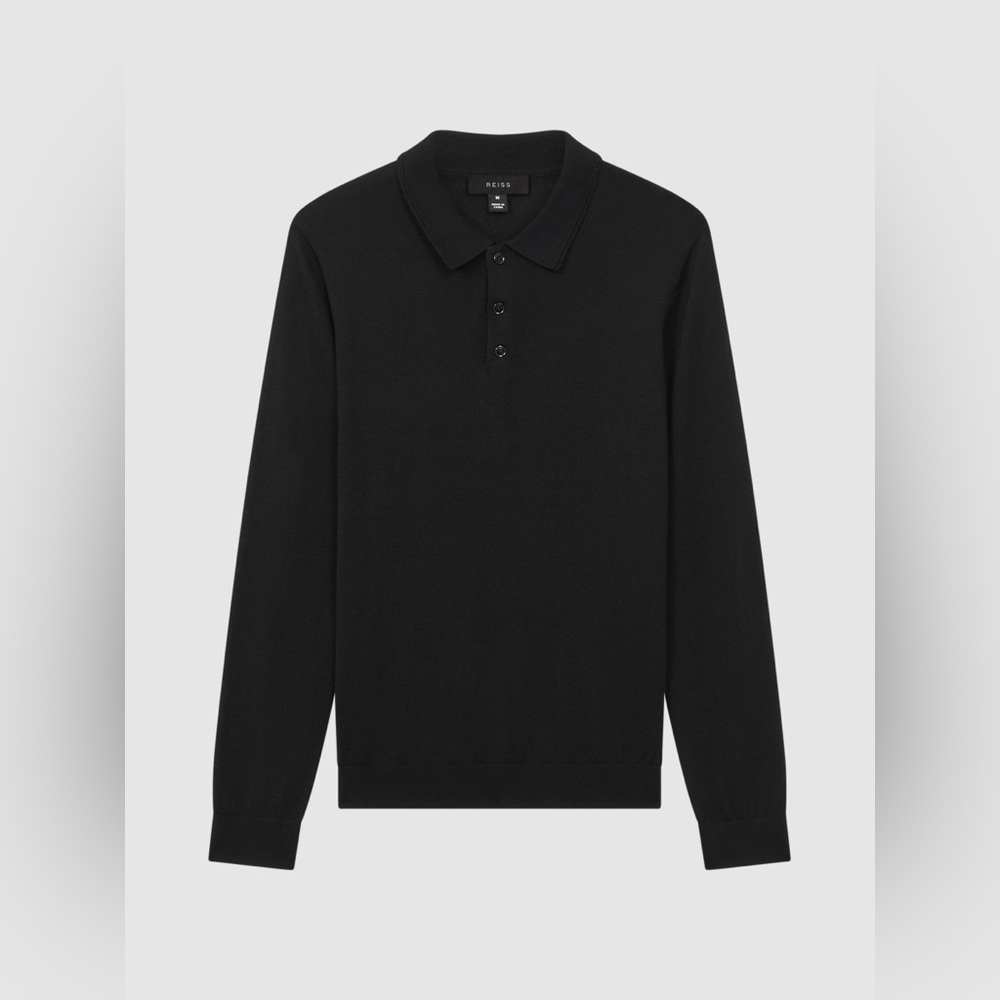 NWT M REISS MERINO WOOL LONG-SLEEVE POLO SHIRT IN BLACK - Picture 2 of 8